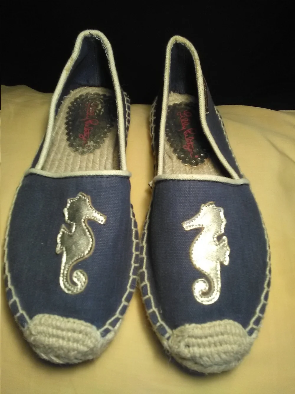 Lk New LILLY PULITZER Navy Espadrille Slip-Ons GOLD Seahorse SZ. 8